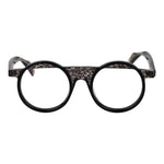 Yohji Yamamoto Black Unisex Glasses Frame, full-rim round acetate, demo lenses, 49-21-148 size with branded case.