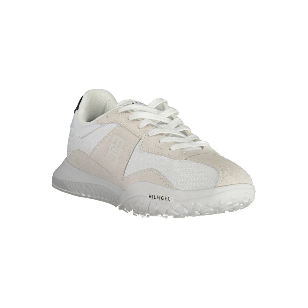 Tommy Hilfiger White Polyester Sneaker with laces and logo, made from 100% recycled polyester, featuring contrasting details.