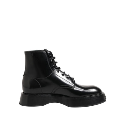 Dolce & Gabbana Black Leather Logo Ankle Boots Lace Up Shoes