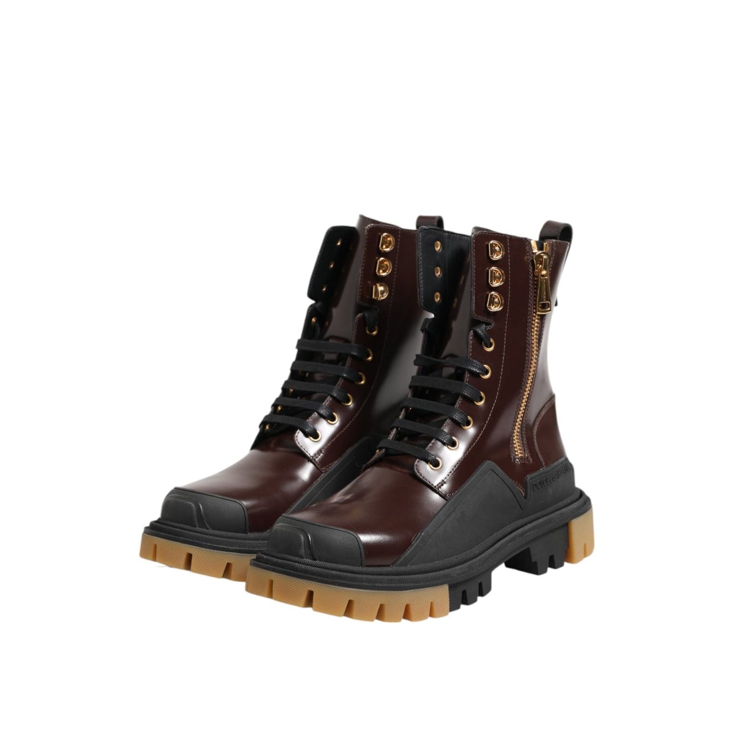 Dolce & Gabbana Brown Black Leather Boots Zipper Lace Up Shoes