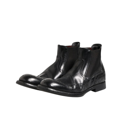 Dolce & Gabbana Black Leather Ankle Boots Slip On Shoes