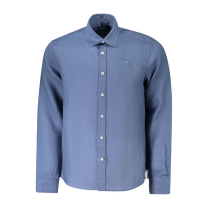 North Sails Blue Linen Shirt with long sleeves, Italian collar, and embroidered logo. Features 1 button cuffs and ocean positive design.
