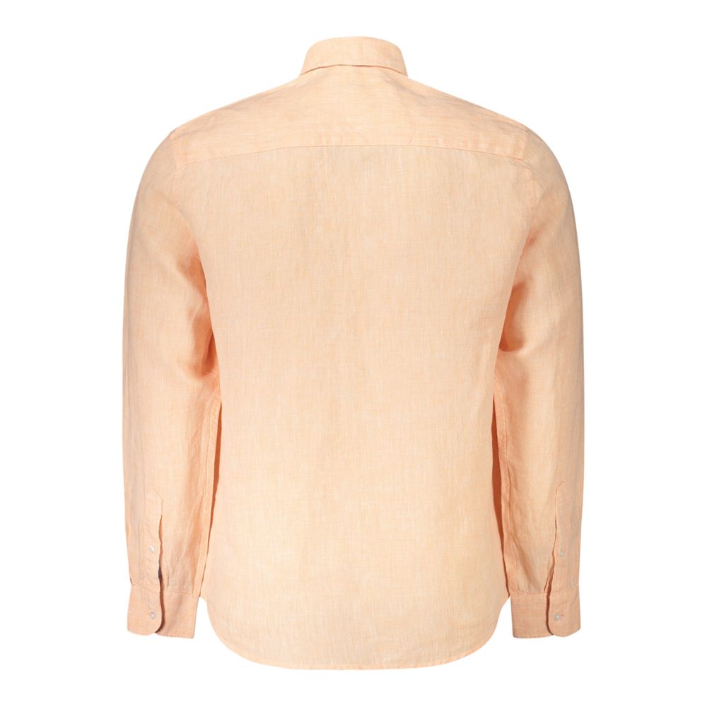 Back view of North Sails Pink Linen Shirt with long sleeves and Italian collar, featuring 1 button cuffs and embroidered logo.