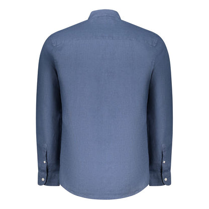 Back view of North Sails Blue Linen Shirt with long sleeves, Korean collar, and ocean positive design embroidery.