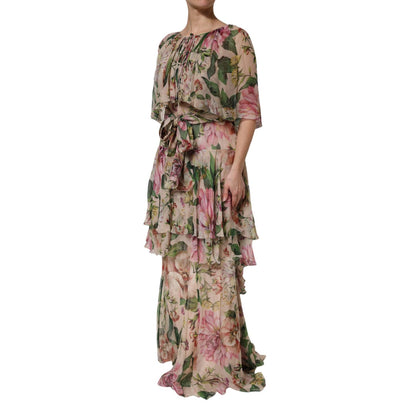 Dolce & Gabbana Pink Floral Print Tiered Long Maxi Dress