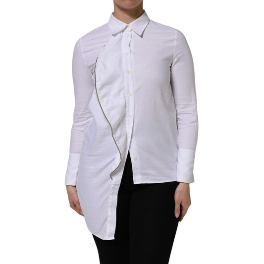 AGLINI White Cotton Collared Long Sleeves Ruffle Top Shirt TSH90562-38