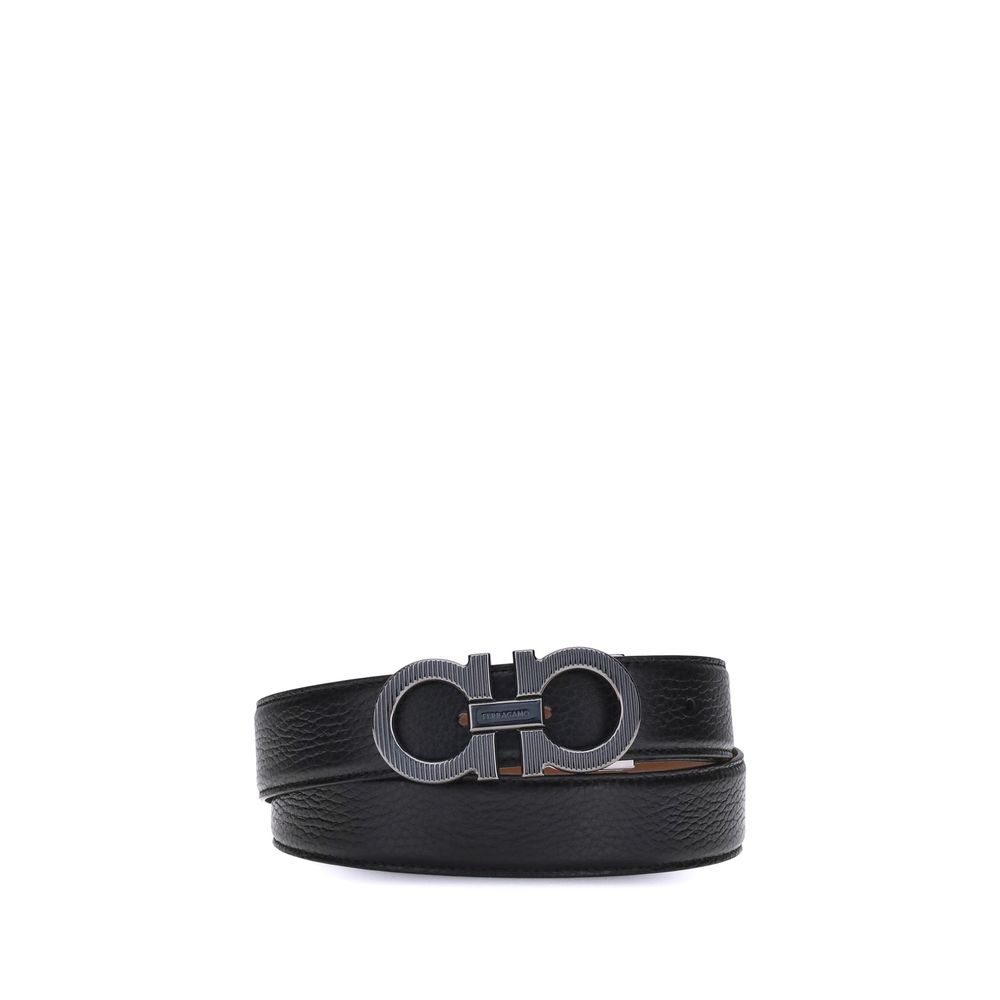 Ferragamo Black Calf Leather Bos Taurus Regular Belt with Gancini buckle and ruthenium finish, elegant and adjustable accessory.