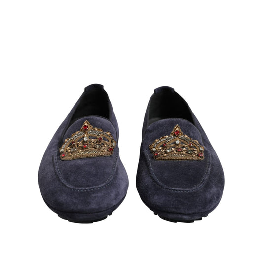 Dolce & Gabbana Blue Suede Crown Crystal Loafers Dress Shoes MV7531-41