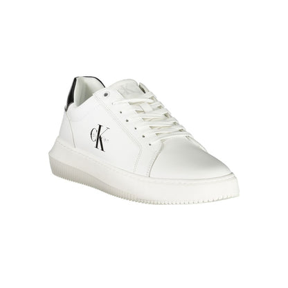 Calvin Klein White Leather Men Sneaker with black accents and bold logo, perfect for modern street style fashion.
