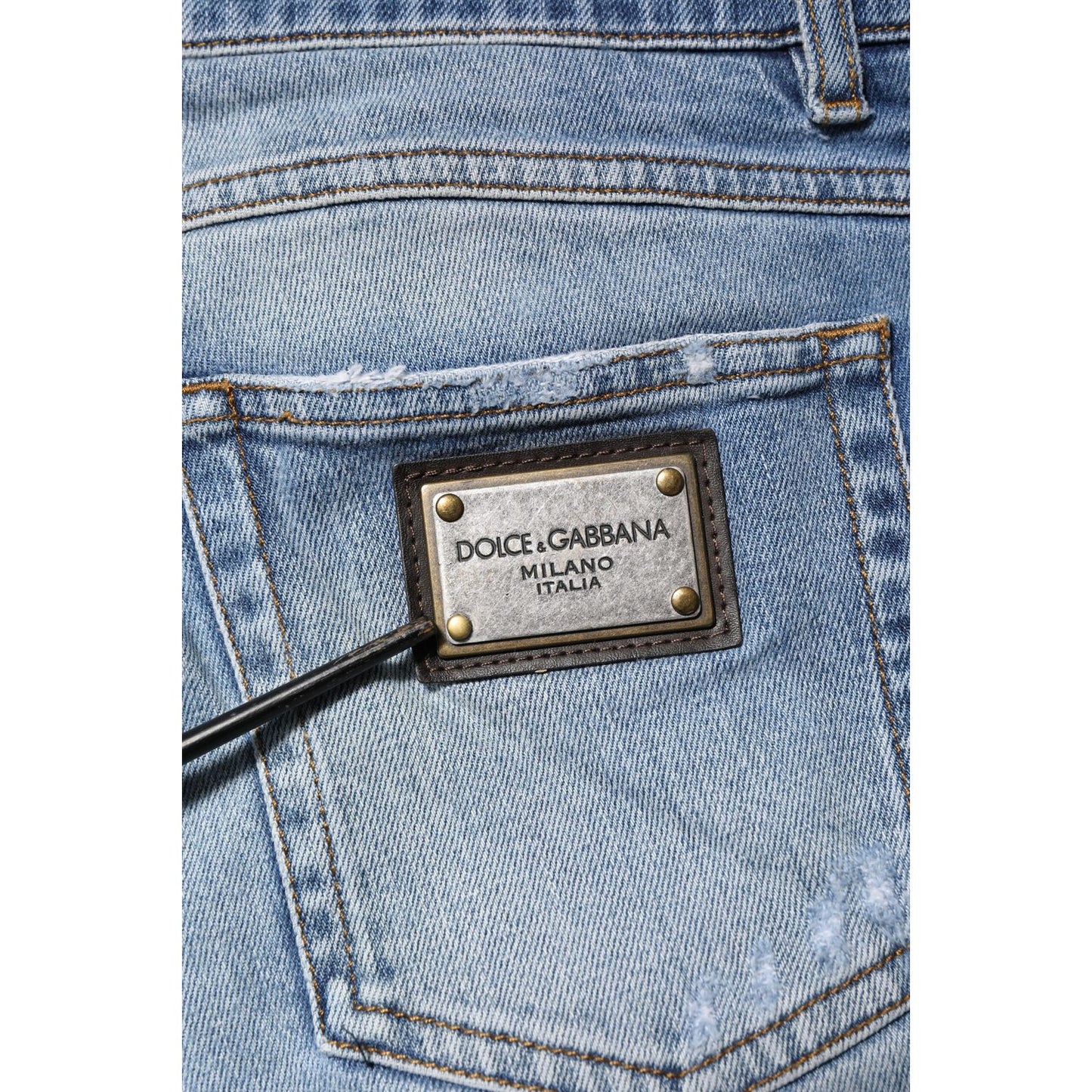 Dolce & Gabbana Blue Washed Tattered Logo Plaque Denim Jeans