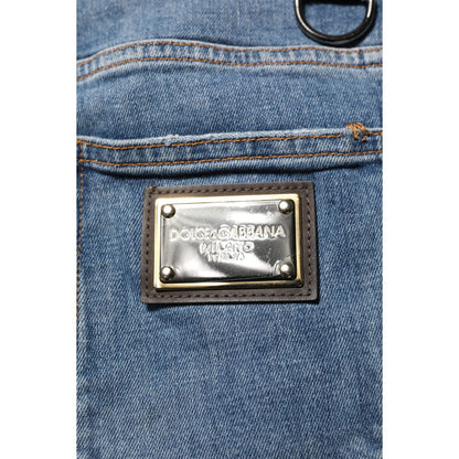 Dolce & Gabbana Blue Cotton Tattered Skinny Logo Denim Jeans