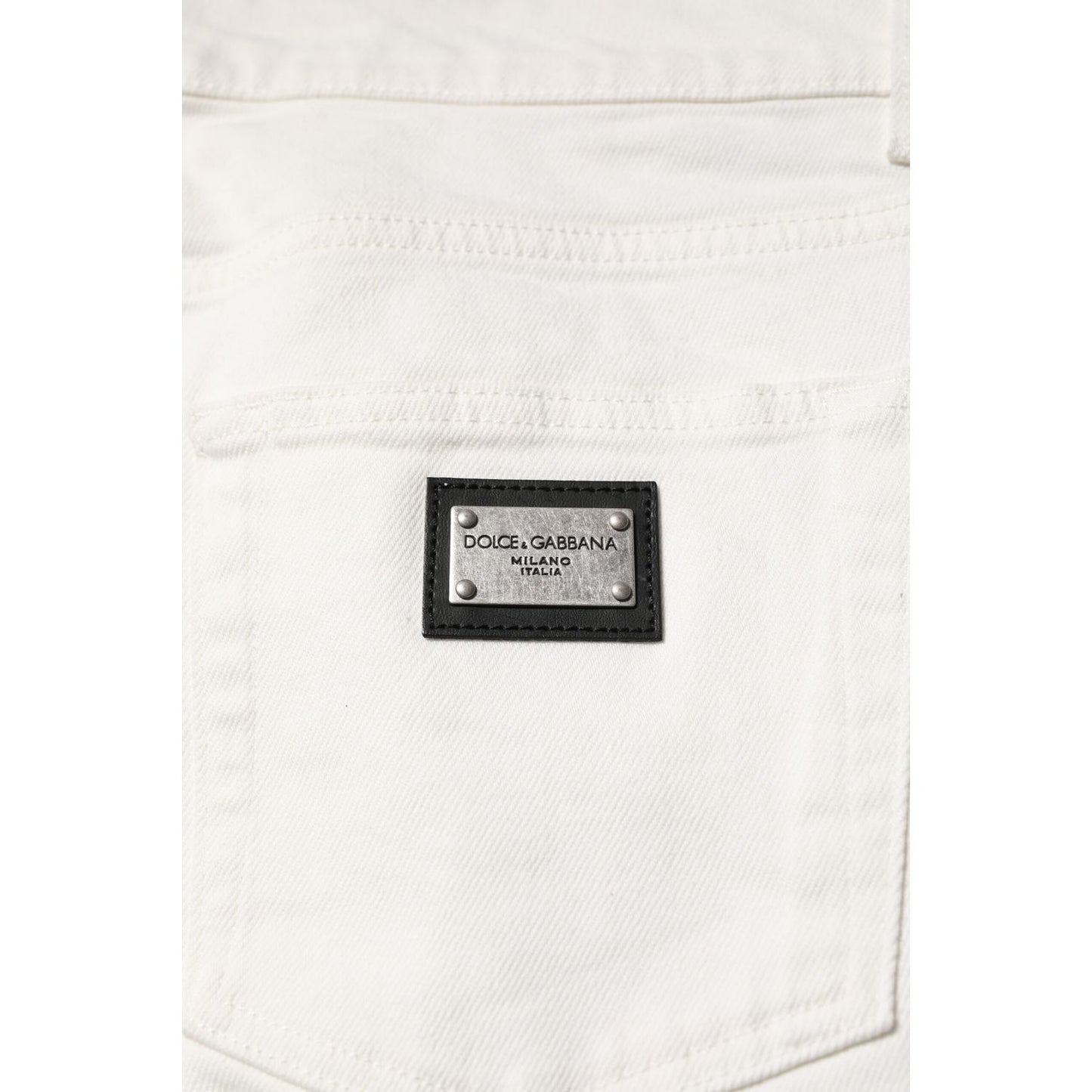 Dolce & Gabbana White Cotton Logo Plaque Slim Fit Denim Jeans
