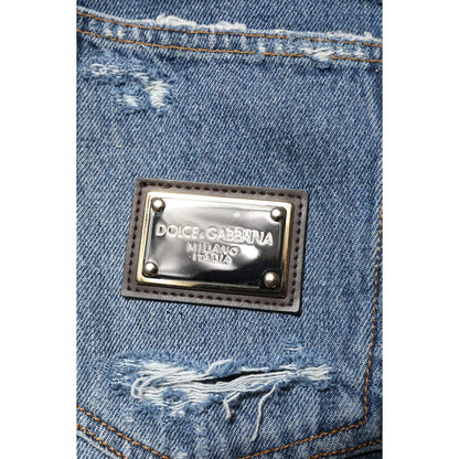 Dolce & Gabbana Blue Tattered Cotton Logo Plaque Denim Jeans