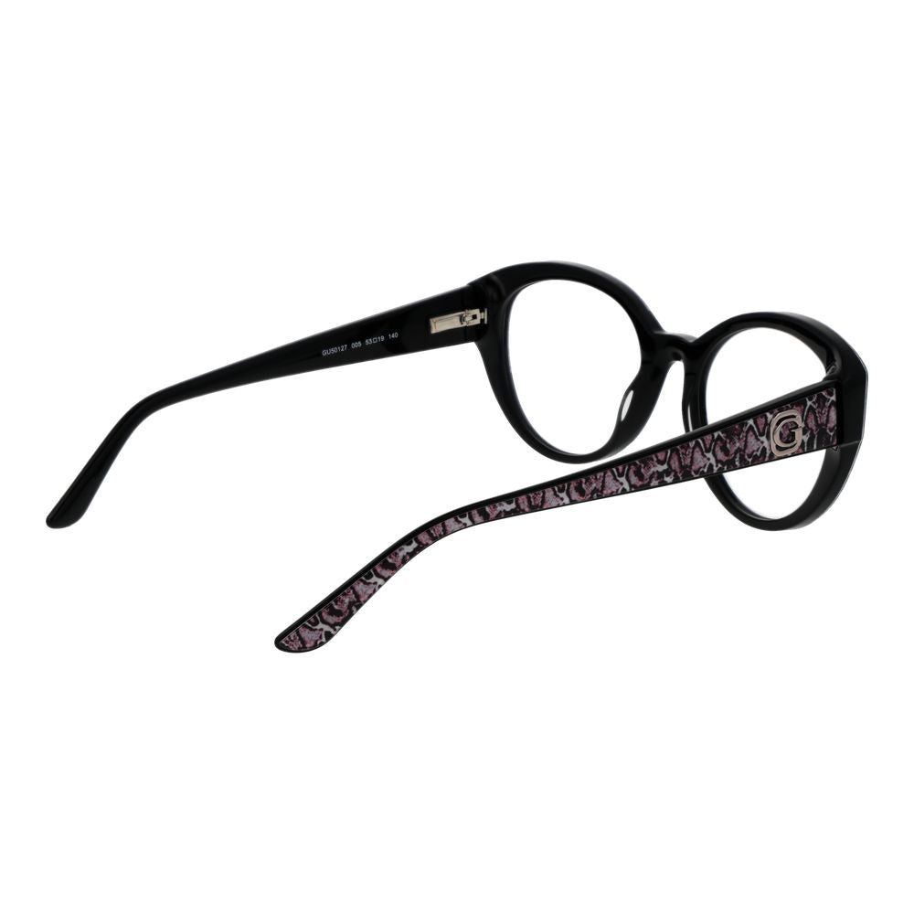 Guess Black Women Glasses Frame, full-rim acetate round eyeglasses with demo lenses, temples length 140, includes branded case