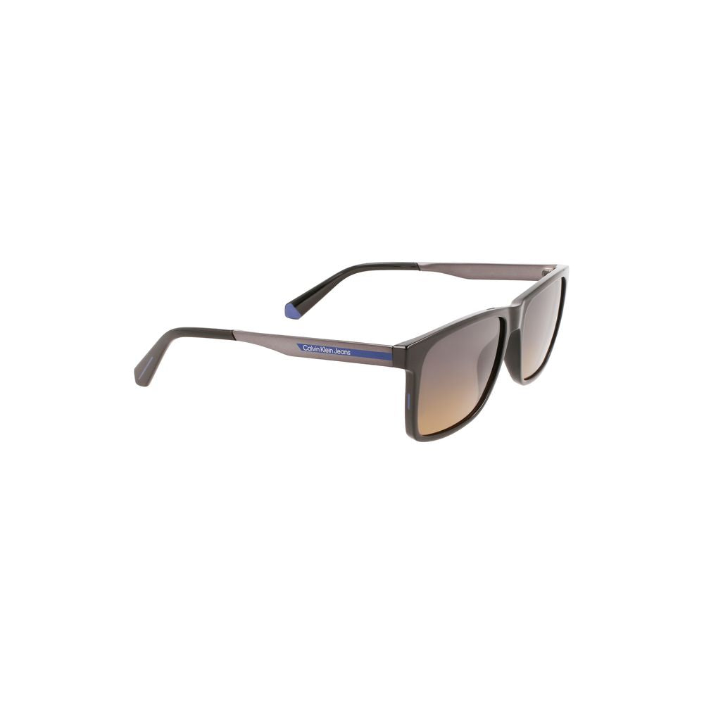 Calvin Klein Black Plastic Men Sunglass with square frame and brown lenses for fashion-forward style and clarity.