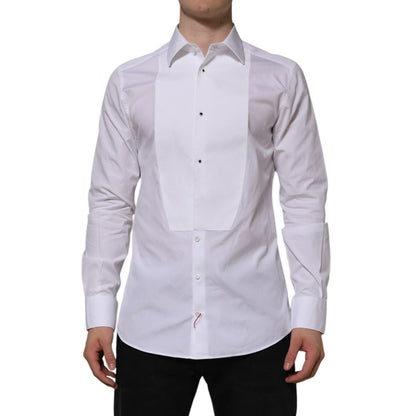 Dolce & Gabbana White Bib Cotton Popline GOLD Men Formal Shirt with classic neck and long sleeves, slim fit, made in Italy.
