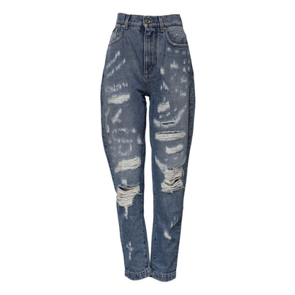 Dolce & Gabbana Blue Cotton Tattered High Waist Denim Jeans