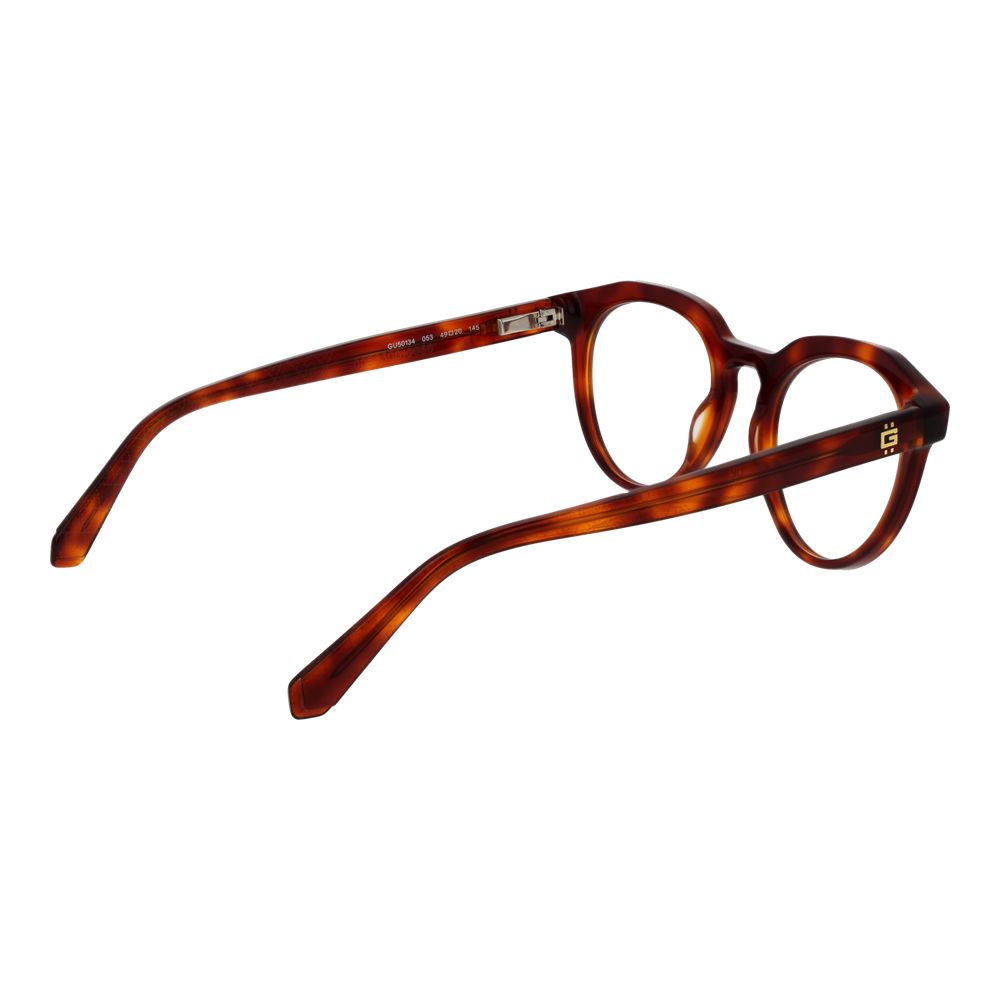 Guess Brown Men Glasses Frame in acetate with full-rim round style, demo lenses, and spring hinge, includes branded case.