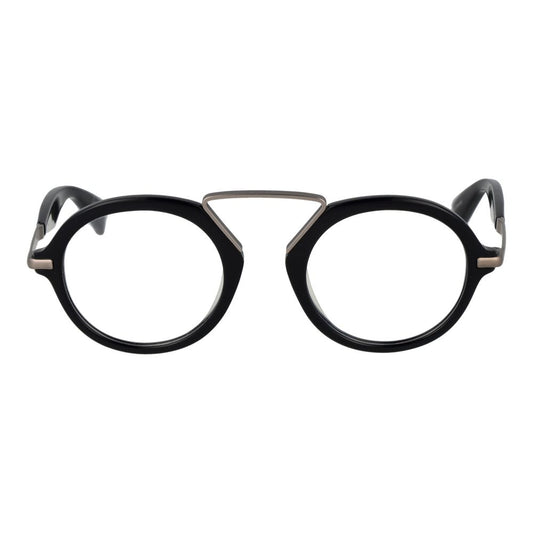 Yohji Yamamoto Black Men Glasses Frame, round full-rim design, black plastic material with demo lenses.