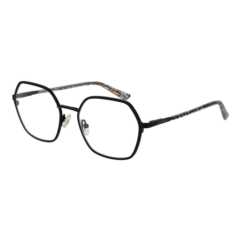 Guess Black Women Glasses Frame, square, full-rim metal frame, demo lenses, black color, spring hinge, 53mm lenses with 46mm height.