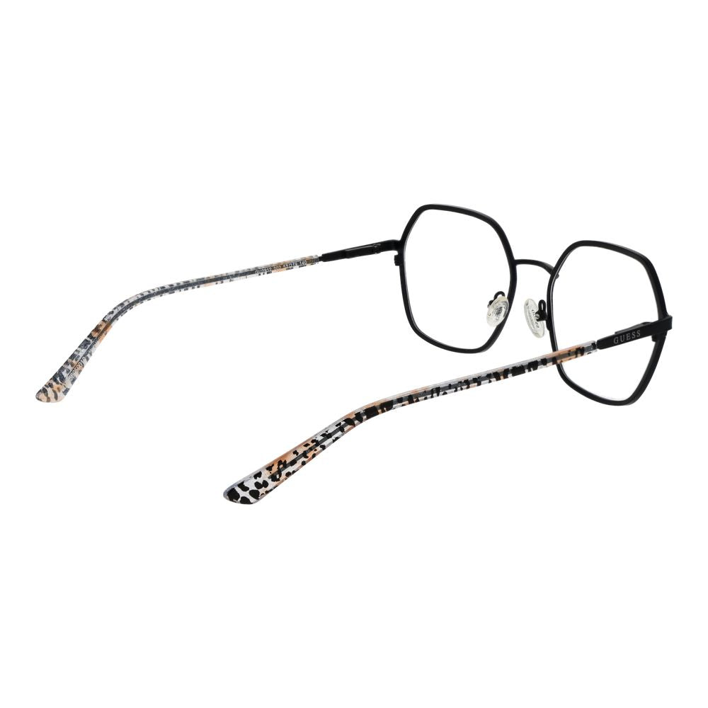 Guess Black Women Glasses Frame in a square style with black metal full-rim, demo lenses, and patterned temples. Includes branded case and spring hinge.