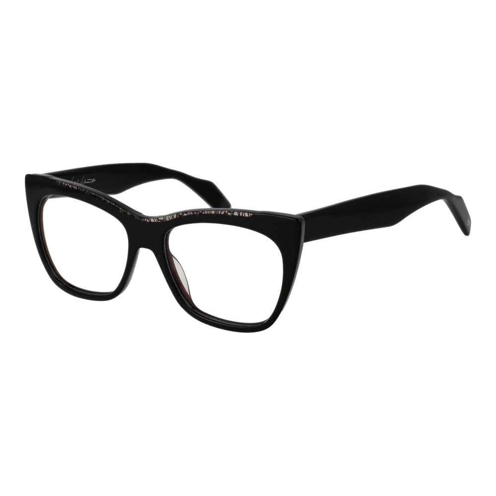 Yohji Yamamoto Black Men Glasses Frame, cat eye style, black full-rim plastic frame, size 54-16-145, with demo lenses.