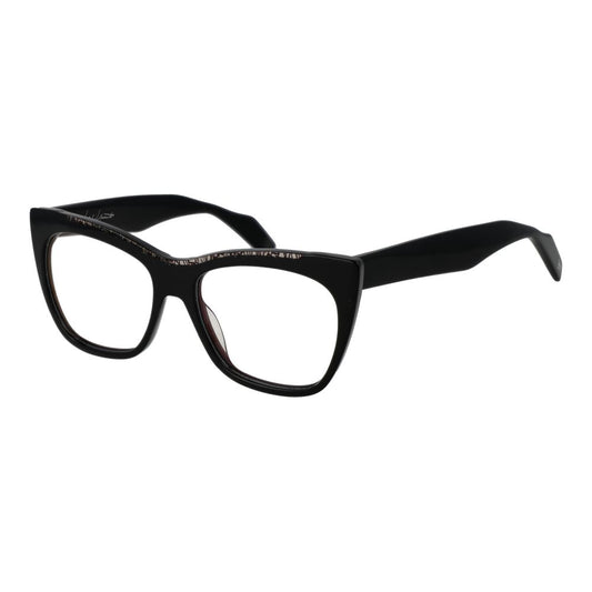Yohji Yamamoto Black Men Glasses Frame, cat eye style, black full-rim plastic frame, size 54-16-145, with demo lenses.
