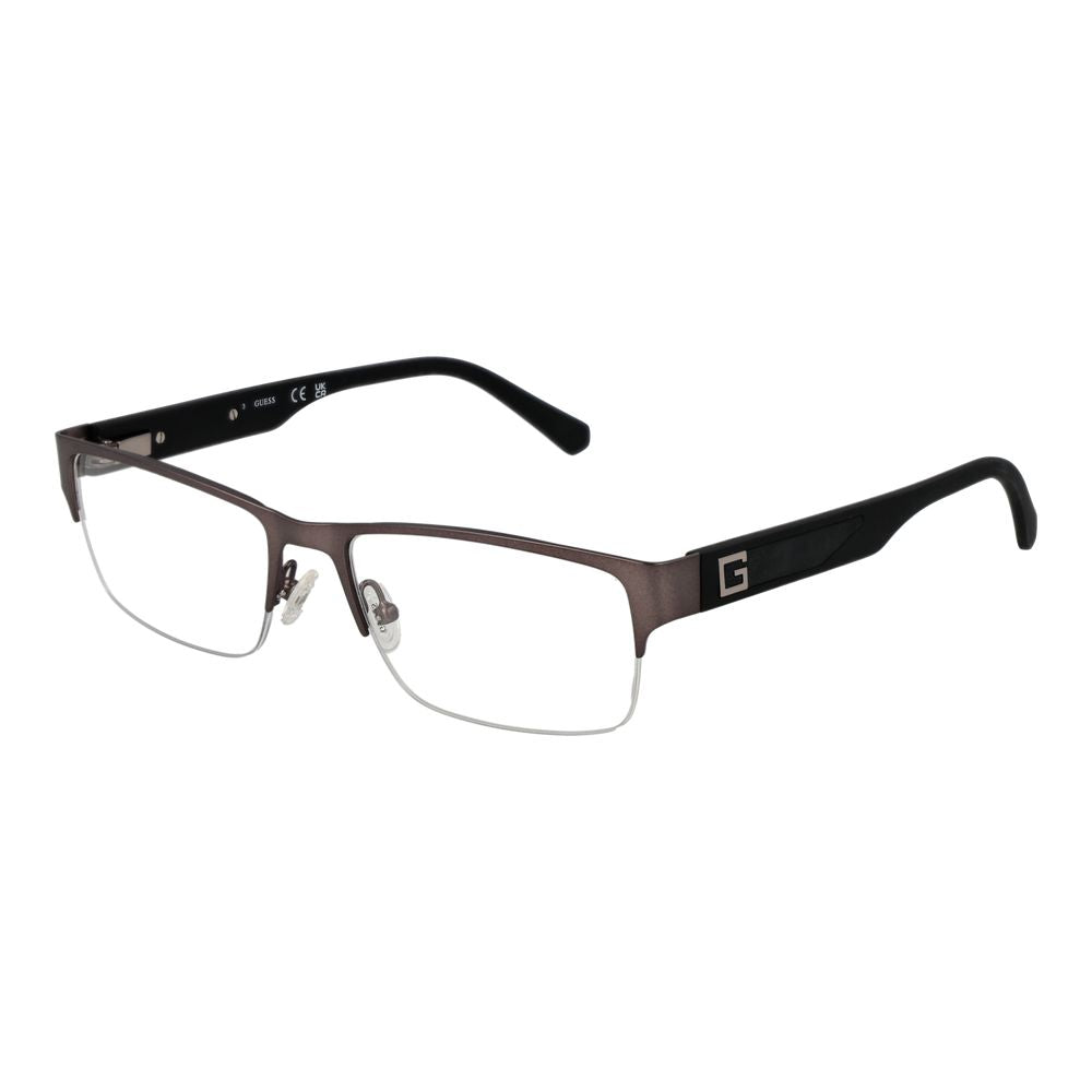 Guess Brown Men Glasses Frame with half-rim metal frame, rectangle style, and demo plastic lenses. Includes branded case. Model size 56-18-145.