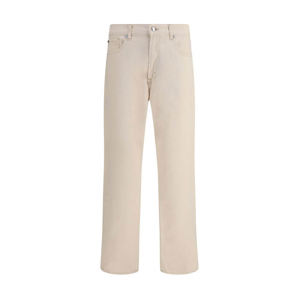7FOR Beige Cotton Straight-Leg Jeans with five pockets, front zip-and-button closure, and belt loops for a modern and versatile look.