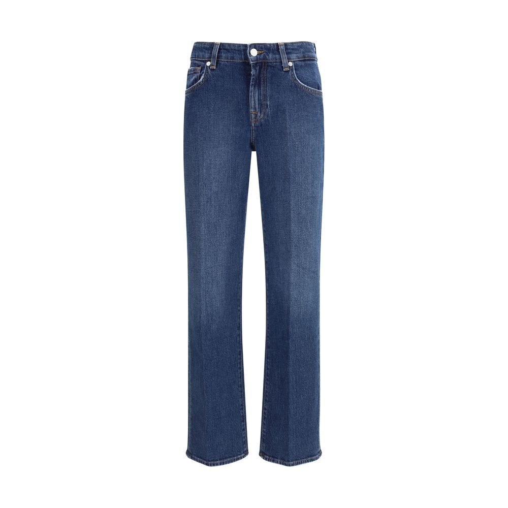 7FOR Blue Cotton Straight-Leg Jeans with classic five-pocket design, zip-and-button closure, ideal for casual and refined looks, AW25.