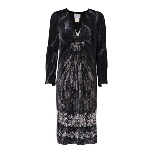 Roberto Cavalli Black Floral Viscose Sheath Midi Dress DR81528-1