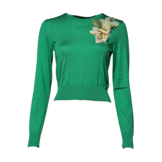 Dolce & Gabbana Green Floral Detailing Silk Pullover Sweater TSH87602-38