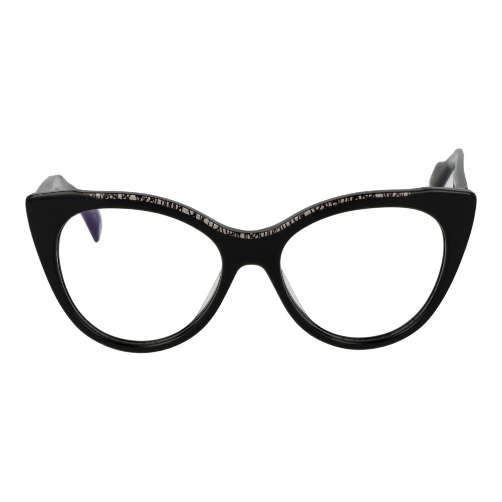 Yohji Yamamoto Black Women Glasses Frame, cat eye style, full-rim plastic frame with blue-filter, size 54-17-145, includes branded soft case.