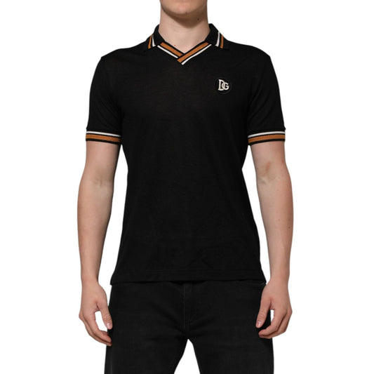 Dolce & Gabbana Black DG Silk Vneck Collared Men Polo T-shirt TSH90353-46