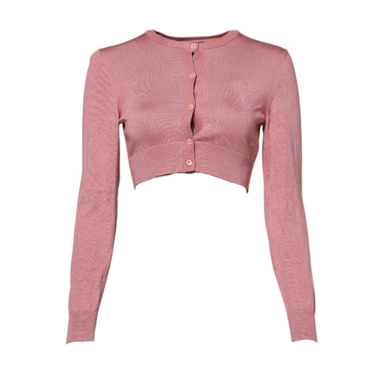 Dolce & Gabbana Pink Silk Cropped Crew Neck Cardigan Sweater