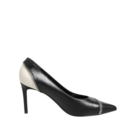 Saint Laurent White Black Leather Pointed Toe Heels Shoes LA12587-36