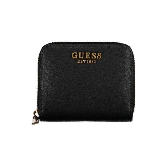 Guess Jeans Black Polyethylene Wallet with zip closure, 1 compartment, coin purse, card slots, and logo detailing.