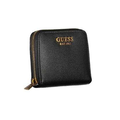 Guess Jeans Black Polyethylene Wallet with zip closure, card slots, and coin purse, featuring logo imprint.