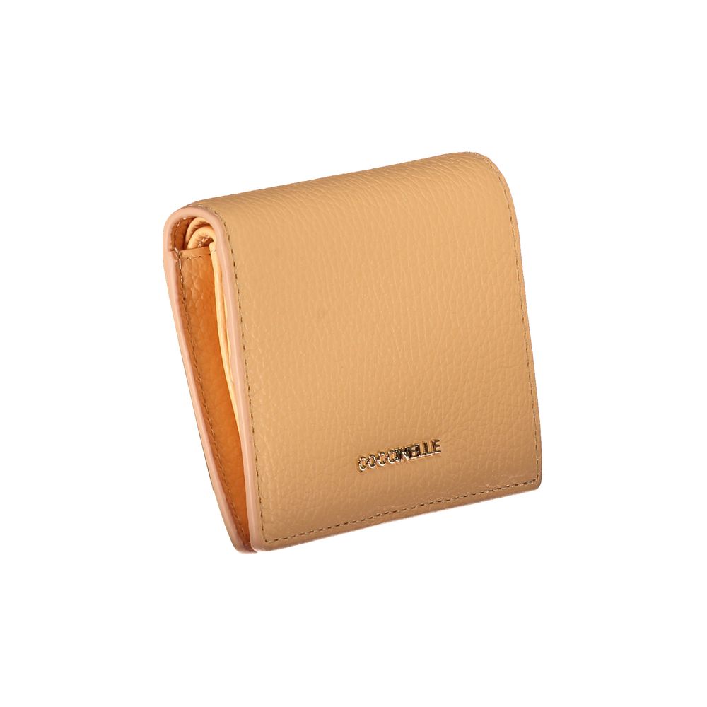 Coccinelle Orange Leather Wallet with compartments, coin purse, card spaces, logo, and automatic closure. Stylish and functional accessory.
