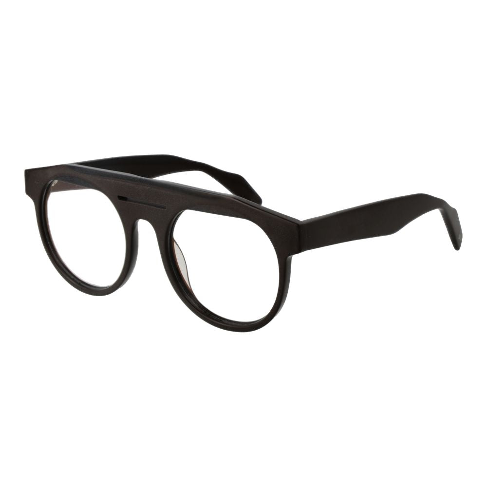 Yohji Yamamoto Brown Men Glasses Frame, panto style with full-rim plastic frame, size 52-20-145, demo lenses, includes branded soft case.