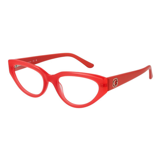 Guess Orange Women Glasses Frame, coral acetate, cat eye style, full-rim design with 53mm lenses, includes branded case, spring hinge.