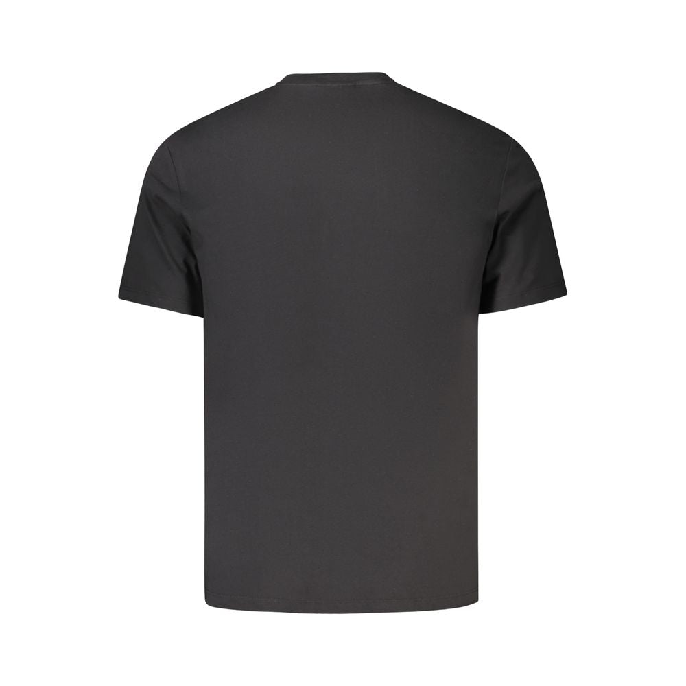 Back view of Calvin Klein Black Cotton T-Shirt with short sleeves and crew neck, featuring a logo application.