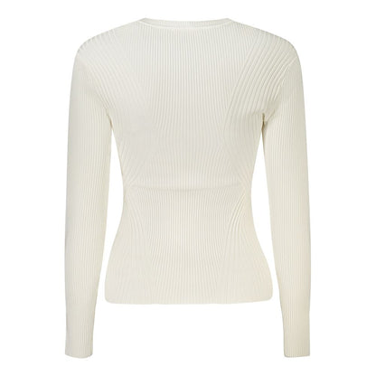Back view of Guess Jeans White Viscose Sweater, long-sleeved crew neck design with ribbed texture.