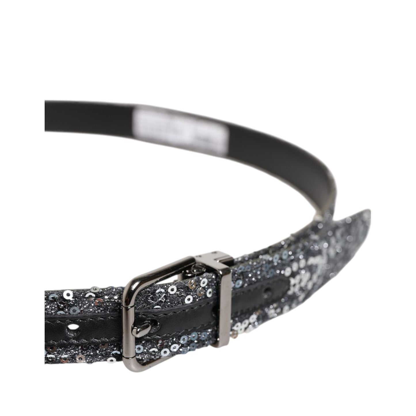 Dolce & Gabbana Black Sequins Silver Metal Logo Buckle Belt