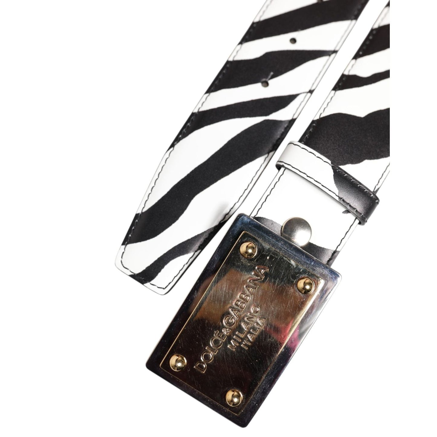 Dolce & Gabbana Black White Zebra Gold Metal Logo Buckle Belt BEL9410-95