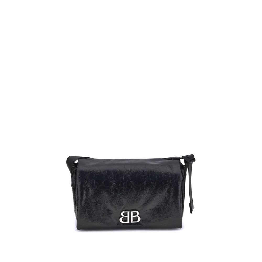 Balenciaga Black Calf Leather Bos Taurus Shoulder Bag with silver-tone logo plaque and adjustable strap  - front view