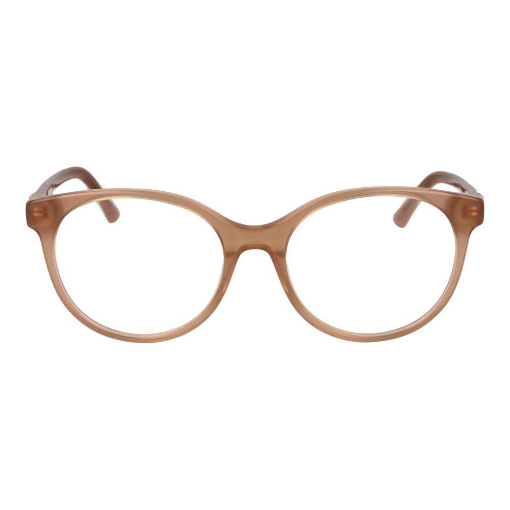 Guess Beige Women Glasses Frame in acetate, full-rim round style with demo lenses, size 55-18-140, includes branded case.
