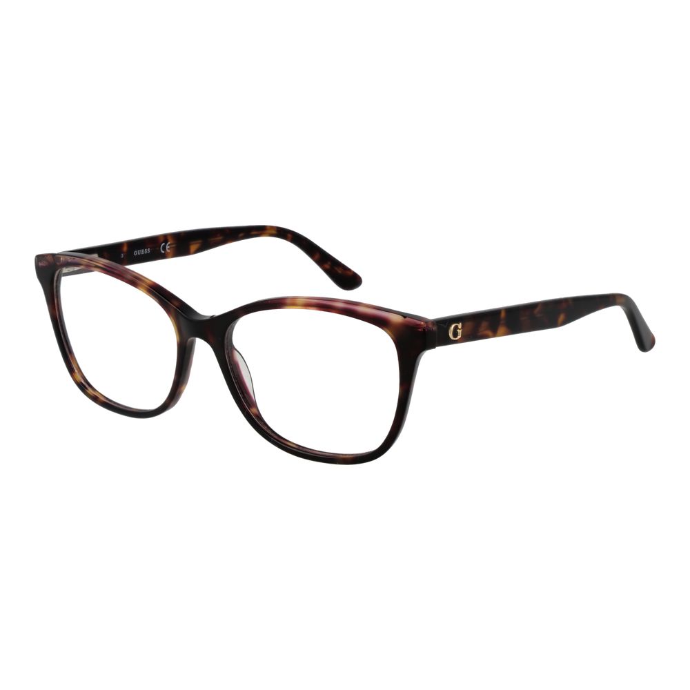 Guess Brown Women Glasses Frame, full-rim brown butterfly style, plastic material, spring hinge, size 52-15-140, includes branded case.