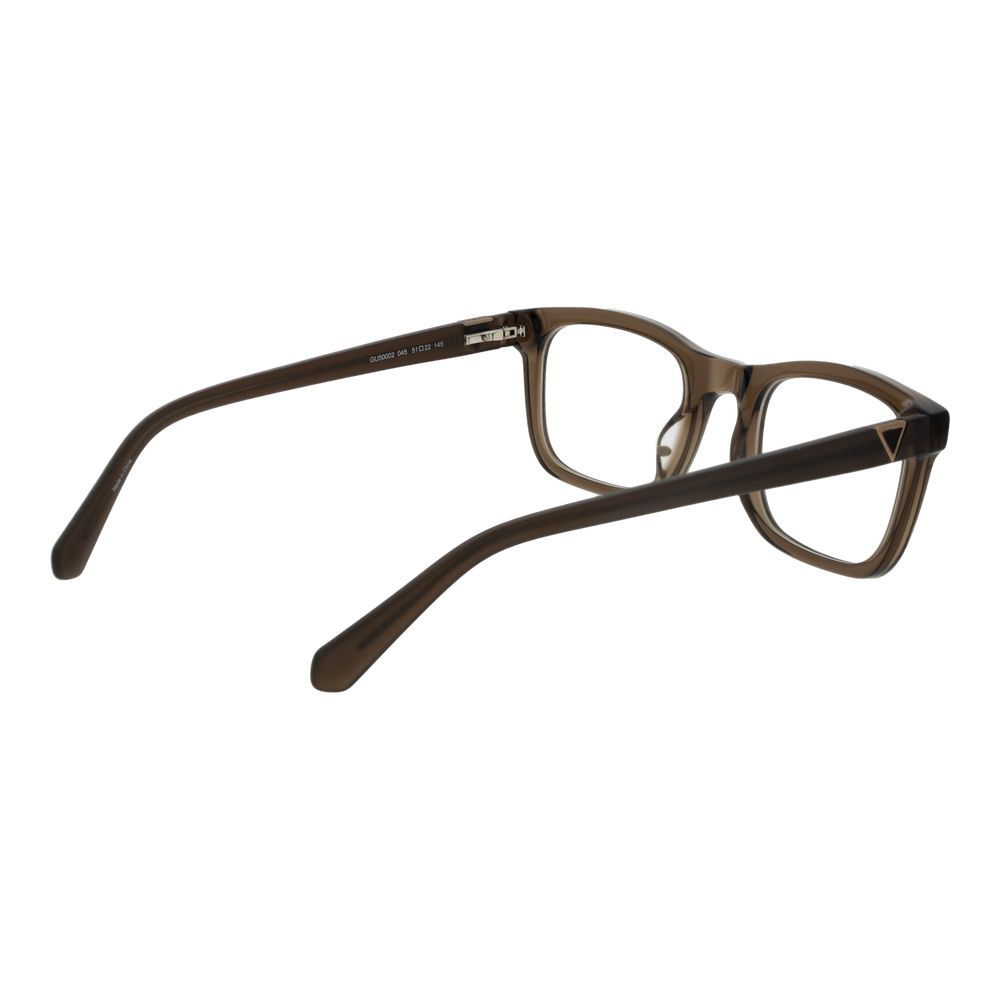 Guess Brown Men Glasses Frame in plastic with full-rim style and rectangle shape, featuring spring hinges and demo lenses.