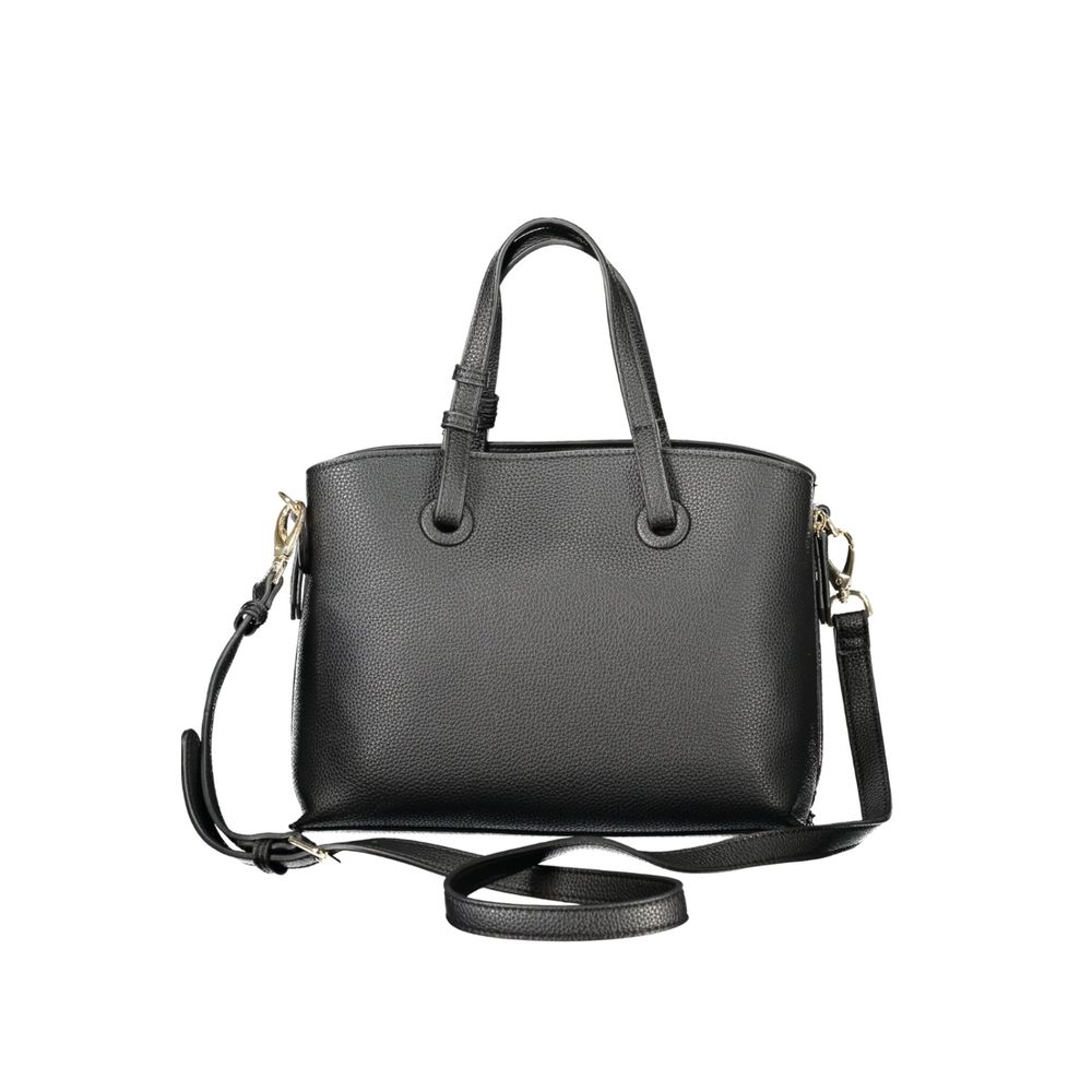 Mario Valentino Black Polyethylene Women Handbag with adjustable strap, showcasing sleek designer style and versatile carrying options.